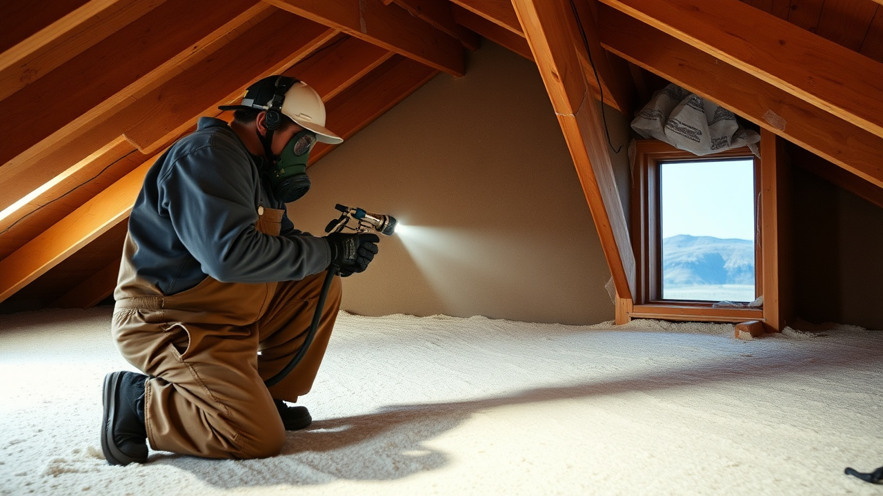 Technician spray-applying closed-cell spray foam insulation to a roof deck in a Littleton, Colorado attic